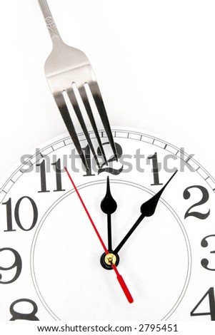 fork and wall clock with white background, concept of lunch time