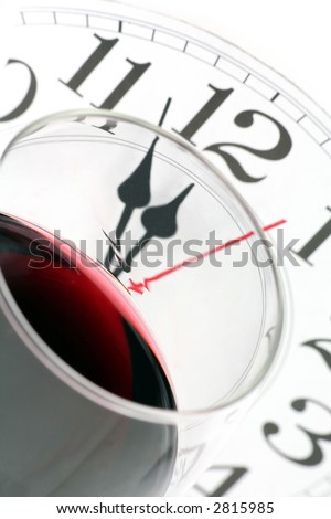 red wine, wine glass and clock with white background, concept of party time