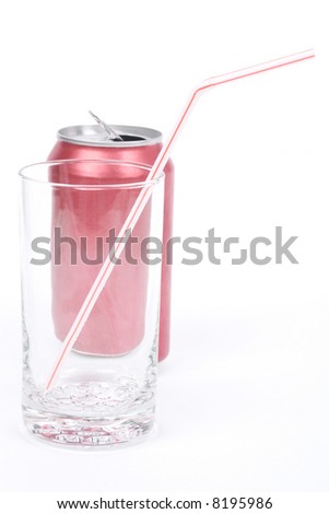 red soda can and empty glass with white background