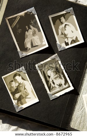 Photo Album with old stained photos, all photos have been blurred, so you can use the photo frame and put your photo in.