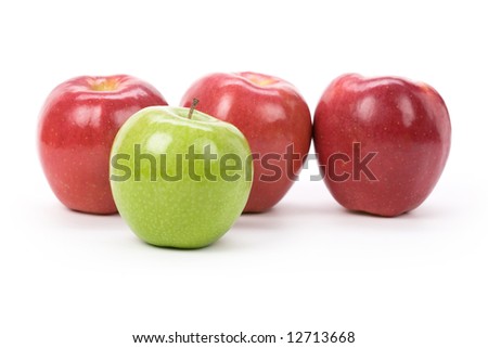 Green Apple red apple with white background, close up shot