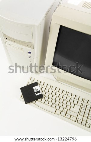 Desktop Computer and floppy Disk close up shot