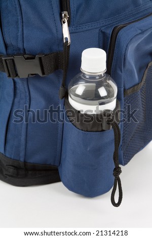 Blue backpack and water with white background
