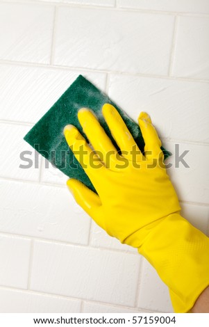 Cleaning Bathroom Tile Wall close up