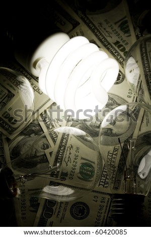Compact Fluorescent Light bulb and dollar close up