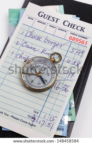 Guest Check and compass, concept of restaurant expense.