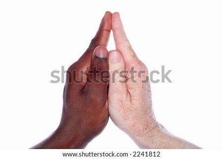 Two Peoples hands forming the shape of a church with a steeple (based on a child's hand game)represents outreach and unity