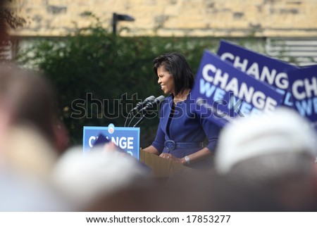 Madison, Wisconsin-September 22: Michelle Obama speaks to a crowd of about 1,800 on September 22, 2008 in Madison Wisconsin.  Obama also spoke in Milwaukee.