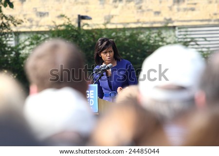 Madison, Wisconsin-September 22: Michelle Obama speaks to a crowd of about 1,800 on September 22, 2008 in Madison Wisconsin. Obama also spoke in Milwaukee.