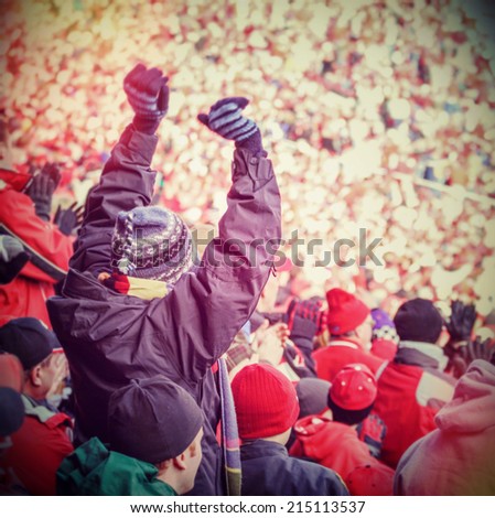 Fan celebrating in the stands at an american football game. Instagram effect