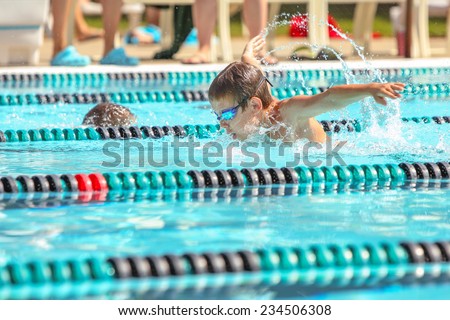 Boy swimming Butterfly in a race. Focus on face and water drops, some motion blur.