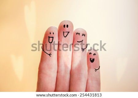 Happy finger family group with heart shaped ray of light. Instagram effect.