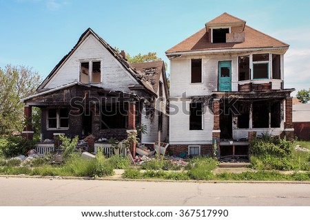 Two fire damaged houses in Detroit, Michigan