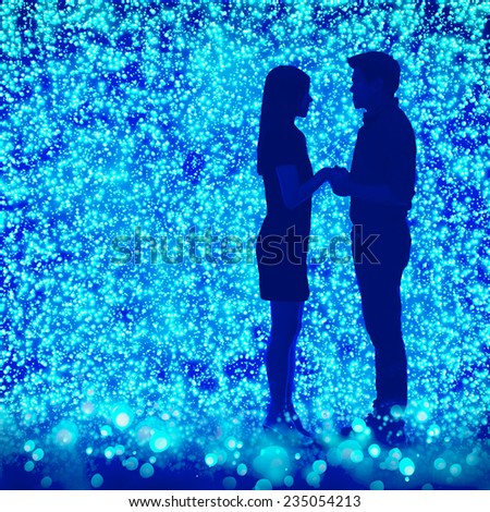 Romance Couple holding with love on night light. Real people on CG composition background.