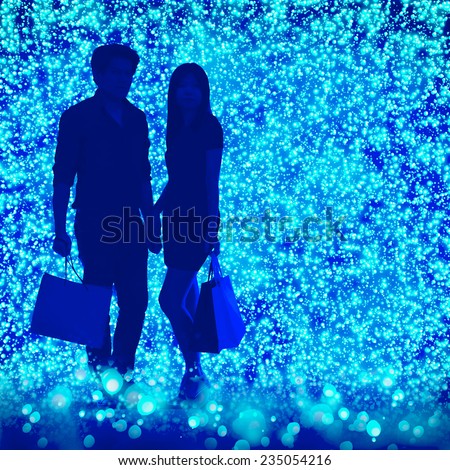 man and woman shopping night light. Real people on CG composition background
