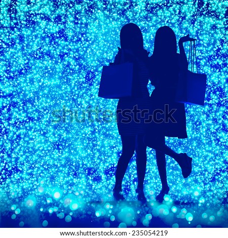 woman and friend shopping night light. Real people on CG composition background