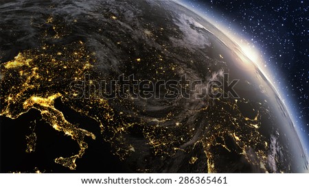 Planet earth Europe zone with night time and sunrise. Highly detailed. 3d Render using satellite imagery (NASA). \
also this images as footage at http://www.shutterstock.com/video/video.html?id=4576922