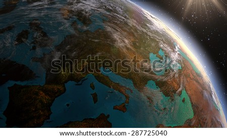 Planet earth Europe zone with night time and sunrise. Highly detailed. 3d Render using satellite imagery (NASA).\
also this images as footage at http://www.shutterstock.com/video/video.html?id=4576922