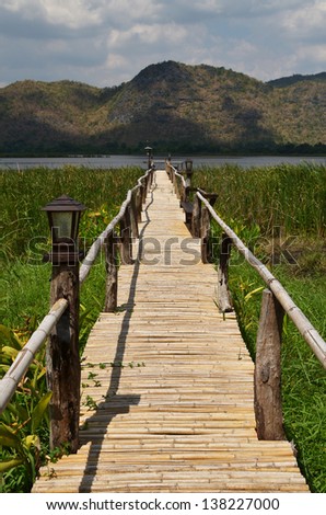 Pathway bridge wood to lake