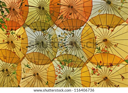 Bright chinese umbrellas in the form of decoration.