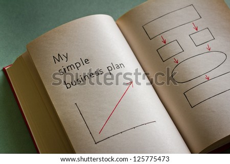 My simple business plan in the blank book with grow graph and clear strategy diagram