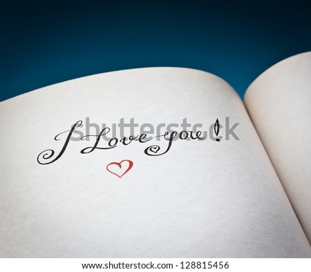I love you! words and red heart in the open book with blue background