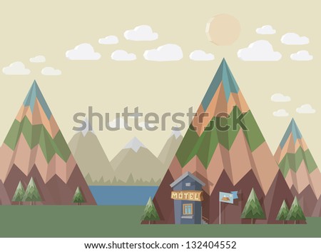 Motel at the end of the world in place with beautiful nature landscape - mountains, lake, trees, clouds and sun. 3D style illustration.