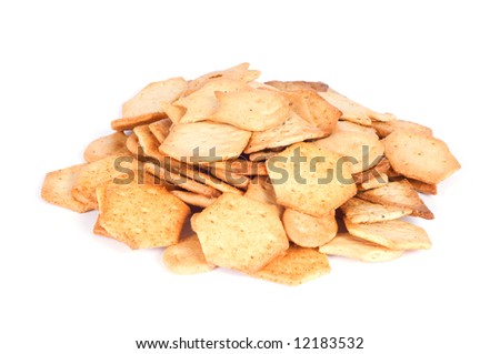 Heap of salty crackers isolated on white background.