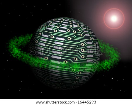 Green globe made of printed circuit with green ring in the space.