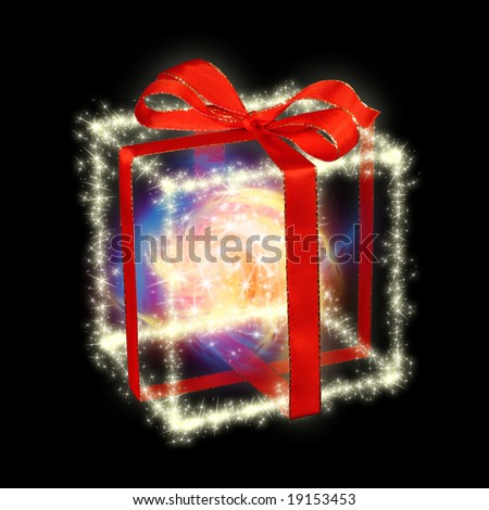 Christmas gift box formed by light sparks with red ribbon on black background. Magic light whirl with sparks inside.
