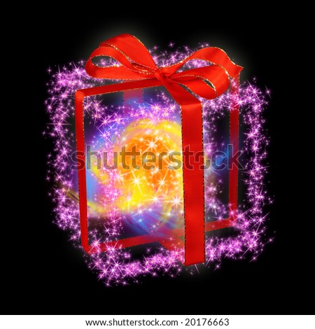 Christmas gift box formed by magenta sparks with red ribbon on black background. Magic light whirl with sparks inside.
