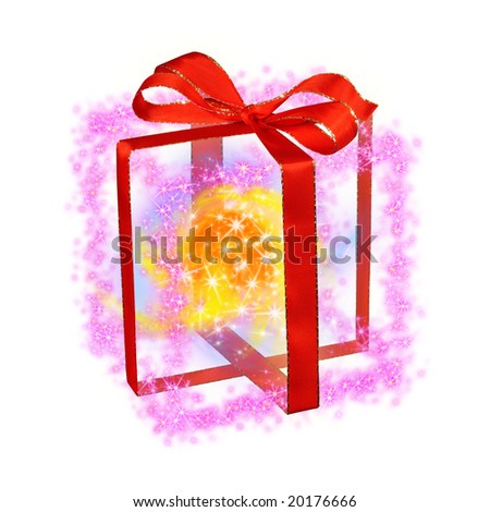 Christmas gift box formed by magenta sparks with red ribbon on white background. Magic light whirl with sparks inside.