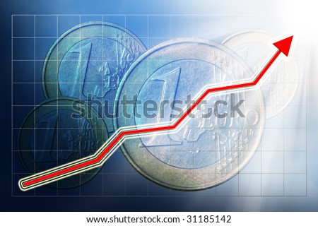 Blue business background with rising graph and Euro coins.