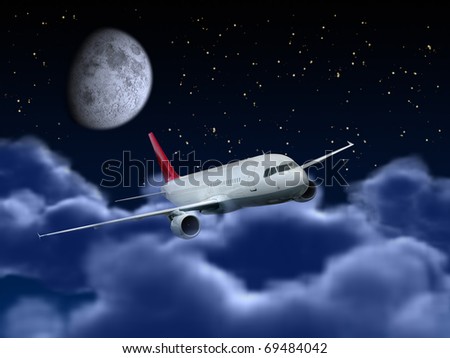 Dream flight concept - Passenger airplane flying above night cloudy sky.