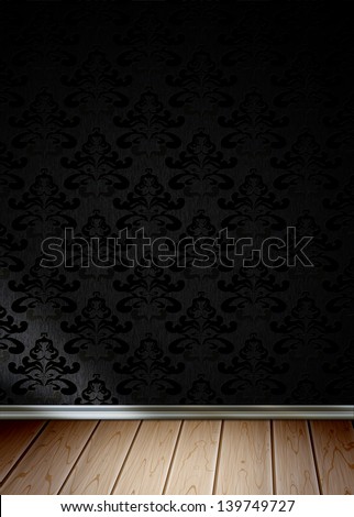 Empty room with black seamless wallpaper and wooden floor