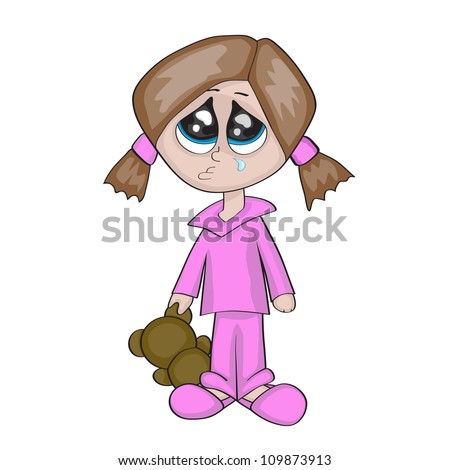 little cartoon girl is crying and holding teddy bear's ear, isolated ...
