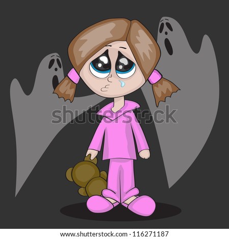 Little Cartoon Girl Is Crying R In Darkness Stock Vector ...