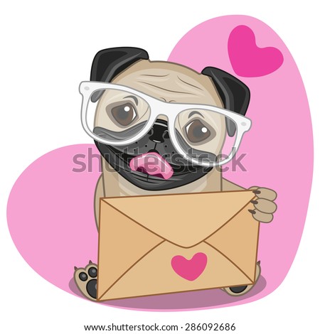 Cute Dog in with envelope on a heart background