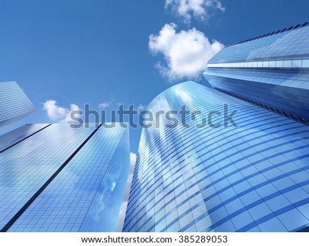 Modern business office skyscrapers, looking up at high-rise buildings in commercial district, architecture raising to the blue sky with white clouds, bottom view