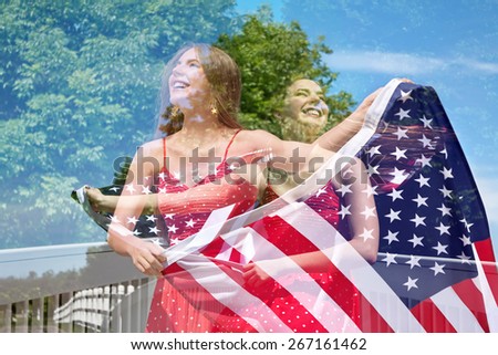 Abstract creative double exposure of photos of patriotic woman waving American Flag for July 4th