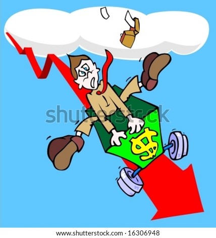 stock vector Businessman going down in a roller coaster car over a graphic