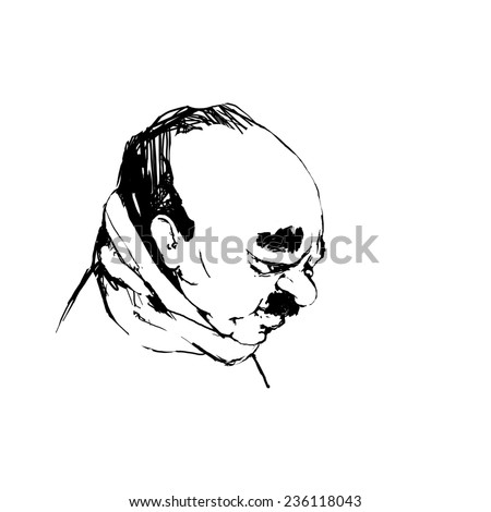 Portrait of a Man with eyes closed. Hippie style, freedom, dream. Freehand  drawing black lines on a white background, sketch. Face in profile, a man  with a beard, mustache and sideburns -