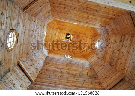 Internal view of the wooden cossack church Covers of the Blessed Virgin on the island Hortitsa in Zaporozhye, Ukraine