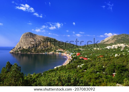 View of the settlement of the Noviy Svet, the surrounding mountains and Green bay in Crimea