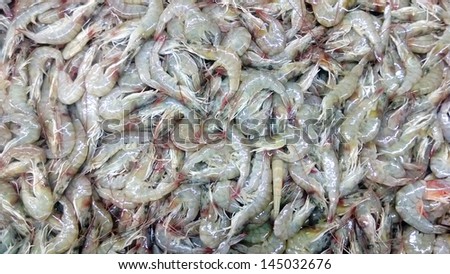 Raw Shrimps Background, pile up in supermarket close up