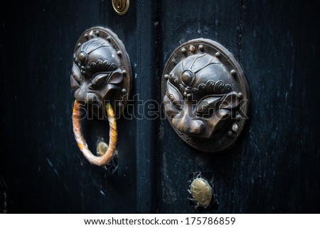 Traditional lion Chinese door knob on black gate
