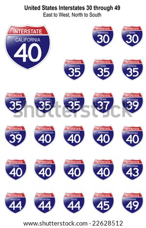 US Interstate Signs I-30 through I-49 with their respective states, with reflective-looking surface. JPG Version.