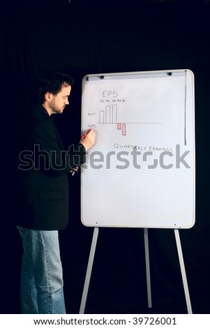 A young casual executive gives a presentation on the whiteboard.
