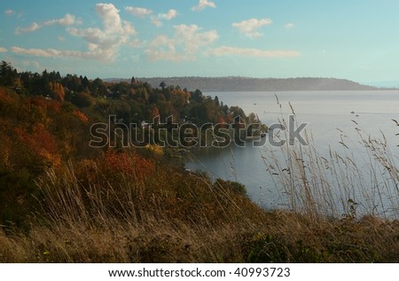 A view of a hillside Seattle neighborhood overlooking the Puget Sound as seen from Discovery Park, Seattle, Washington.
