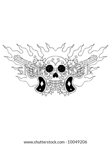 stock vector : tattoo skull and guns outline